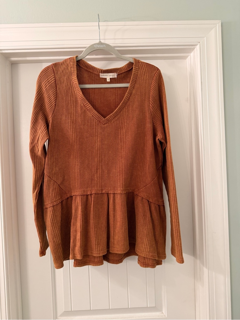 Gilded Intent Burnt Orange V-Neck Peplum Waffle Knit Top
